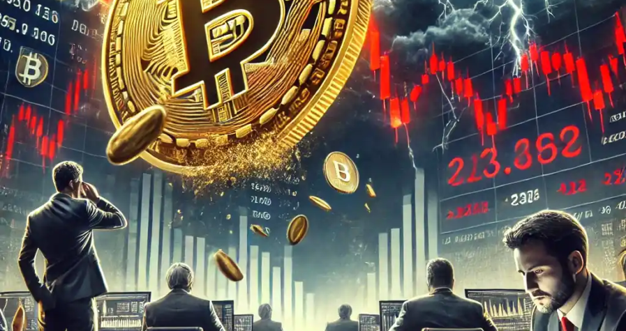 Illustration montrant un Bitcoin en chute avec des graphiques rouges de baisse, symbolisant la volatilité et l'incertitude du marché des cryptomonnaies.