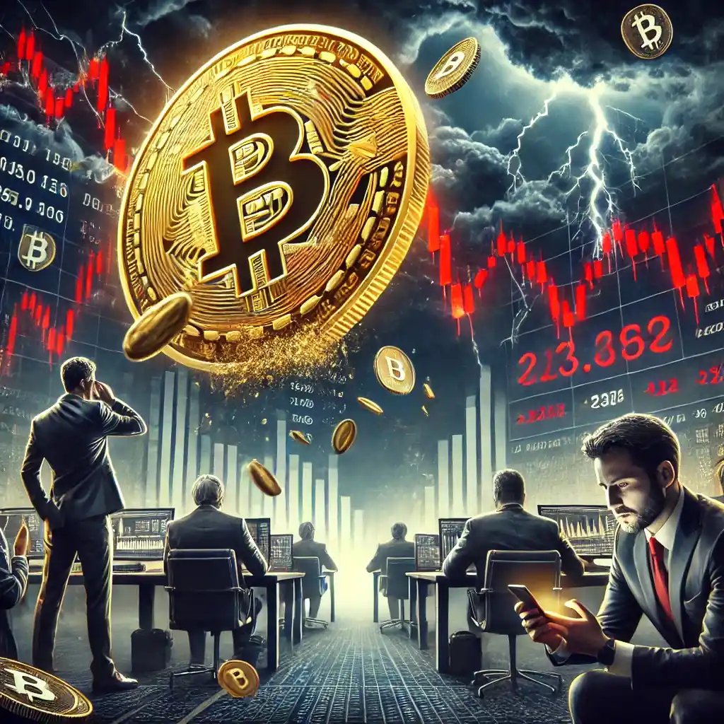 Illustration montrant un Bitcoin en chute avec des graphiques rouges de baisse, symbolisant la volatilité et l'incertitude du marché des cryptomonnaies.