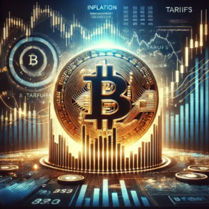 Illustration futuriste du Bitcoin résistant aux turbulences économiques, avec des graphiques de marché et des indicateurs financiers en arrière-plan.