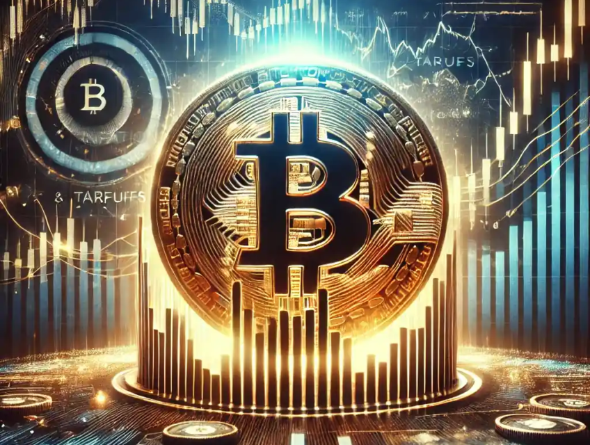 Illustration futuriste du Bitcoin résistant aux turbulences économiques, avec des graphiques de marché et des indicateurs financiers en arrière-plan.
