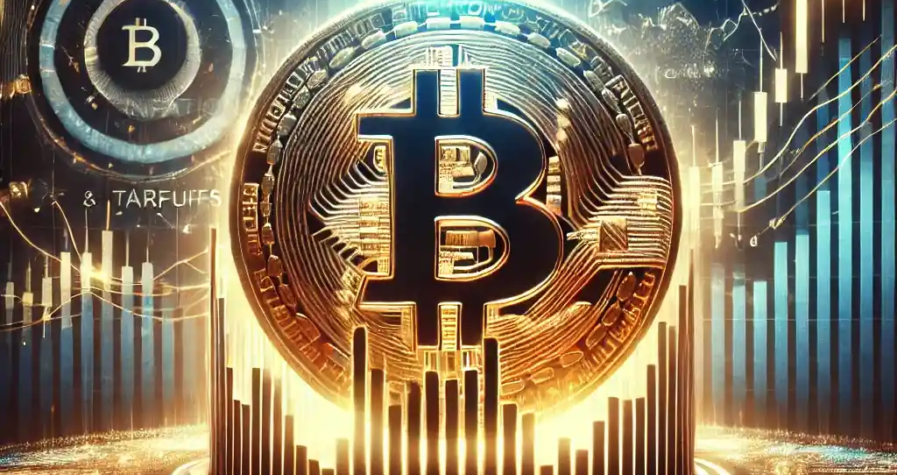 Illustration futuriste du Bitcoin résistant aux turbulences économiques, avec des graphiques de marché et des indicateurs financiers en arrière-plan.