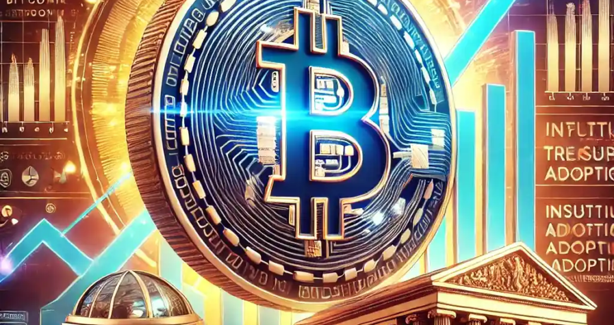 An illustration of a large glowing Bitcoin coin with an upward-trending financial graph, a digital U.S. Treasury vault, and financial market data.
