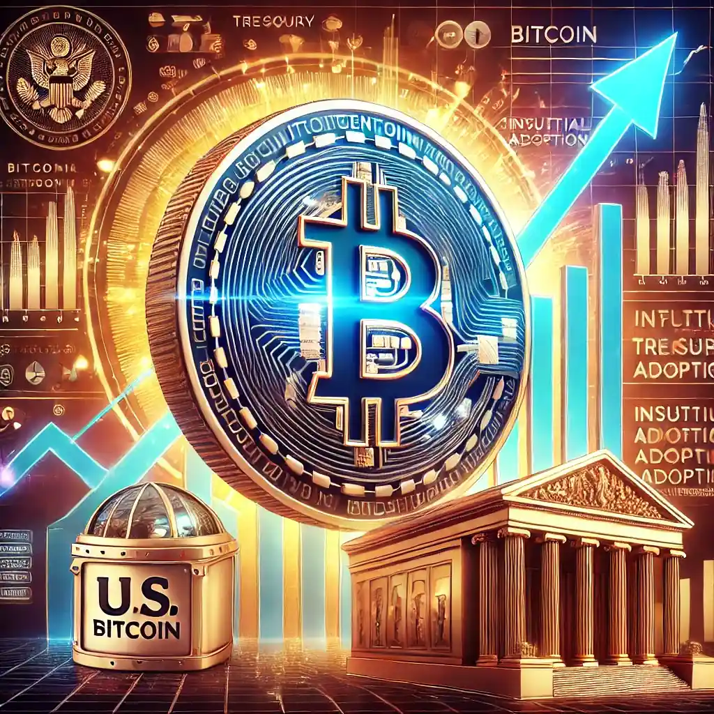 An illustration of a large glowing Bitcoin coin with an upward-trending financial graph, a digital U.S. Treasury vault, and financial market data.