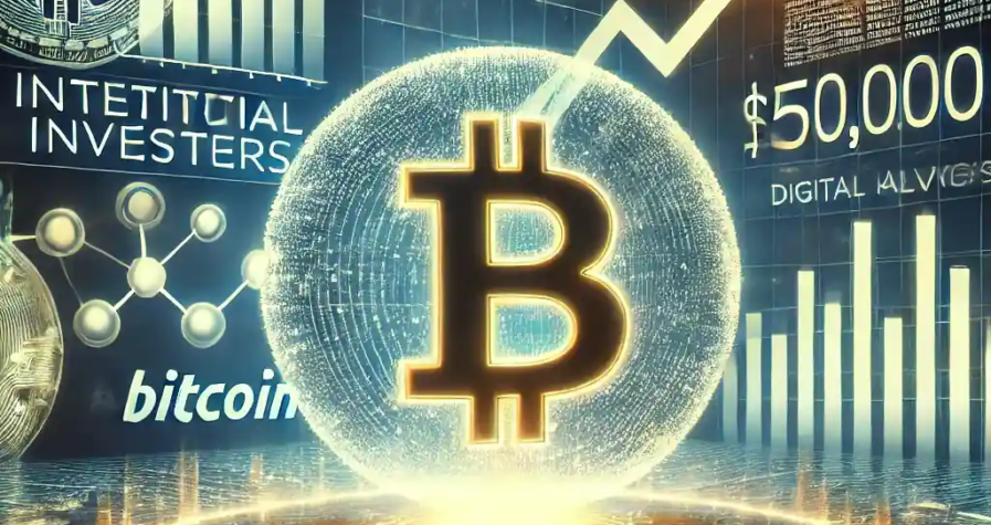 An illustration of a glowing Bitcoin symbol with an upward financial graph, institutional investors, digital asset charts, and a Bitcoin halving countdown clock