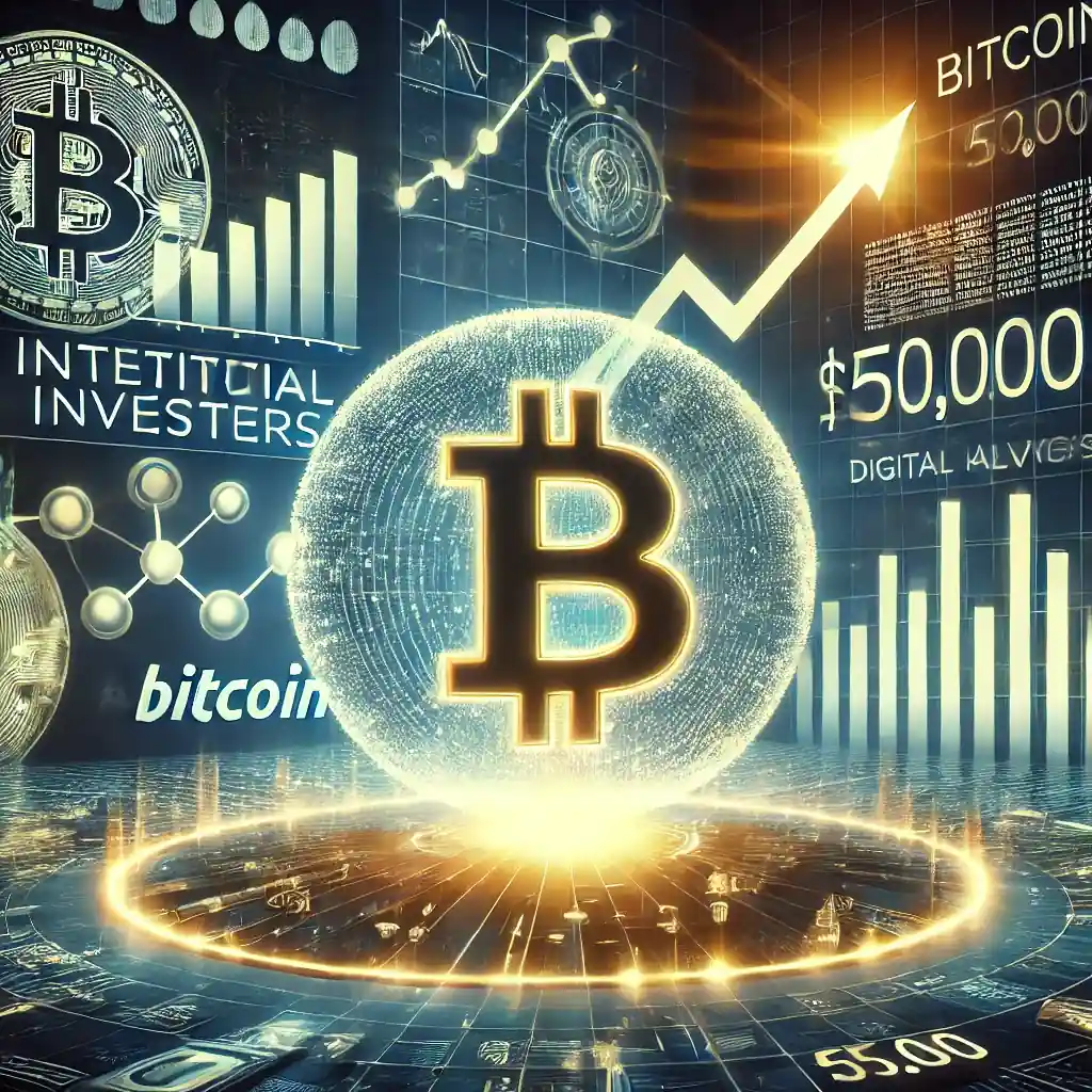 An illustration of a glowing Bitcoin symbol with an upward financial graph, institutional investors, digital asset charts, and a Bitcoin halving countdown clock