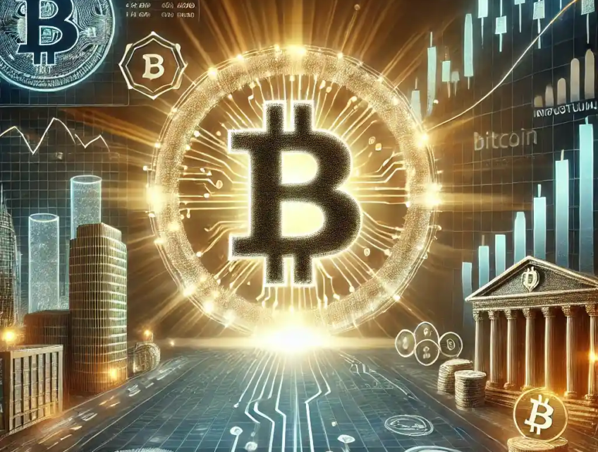 An illustration of a glowing Bitcoin symbol with financial charts, a government building, digital asset regulations, and institutional investment graphs.