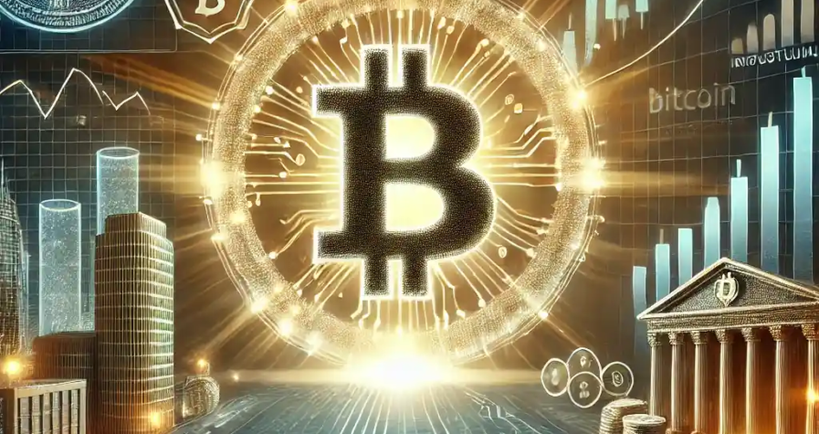 An illustration of a glowing Bitcoin symbol with financial charts, a government building, digital asset regulations, and institutional investment graphs.