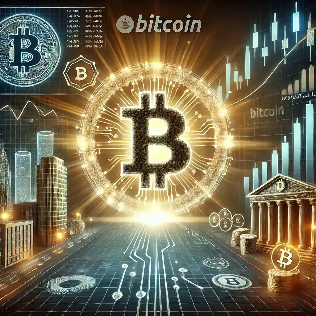 An illustration of a glowing Bitcoin symbol with financial charts, a government building, digital asset regulations, and institutional investment graphs.