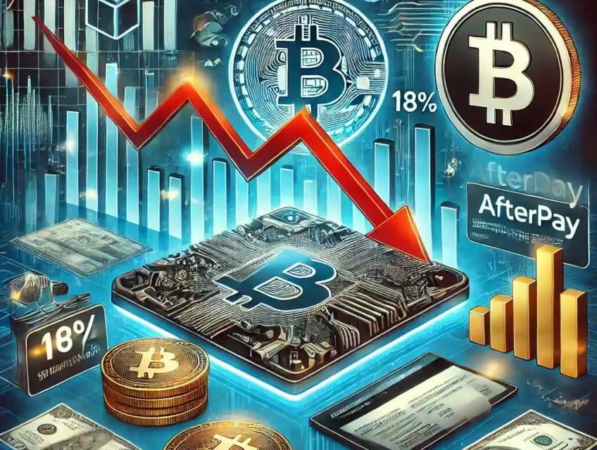 An illustration featuring a downward-trending stock chart, Cash App and Afterpay logos, Bitcoin revenue charts, and regulatory documents.