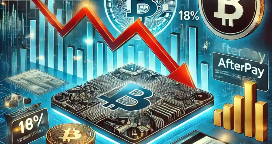 An illustration featuring a downward-trending stock chart, Cash App and Afterpay logos, Bitcoin revenue charts, and regulatory documents.