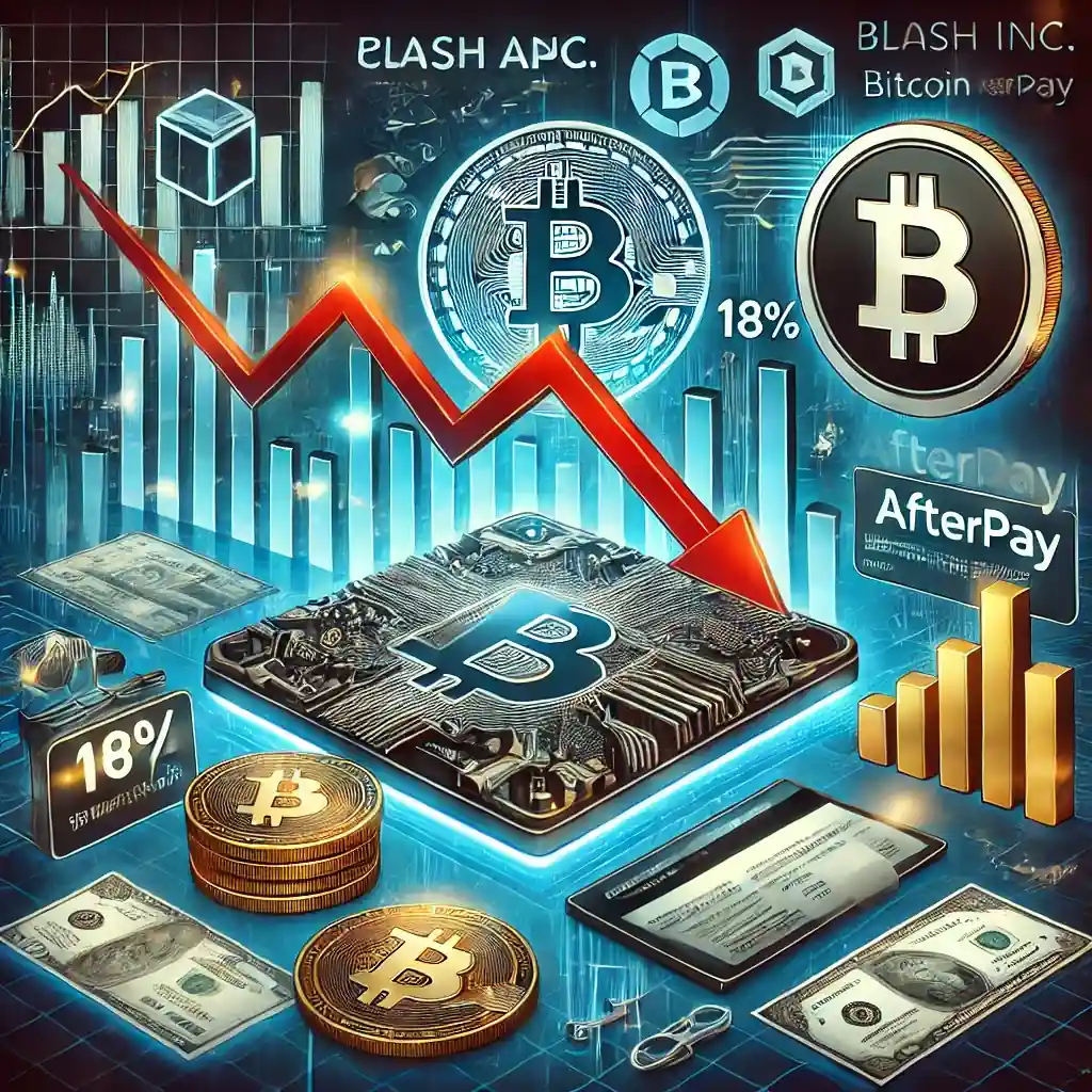 An illustration featuring a downward-trending stock chart, Cash App and Afterpay logos, Bitcoin revenue charts, and regulatory documents.