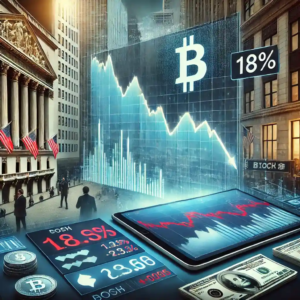 Illustration représentant la baisse de l'action Block Inc., avec un graphique financier en chute libre, Cash App et Bitcoin en arrière-plan, et des traders réagissant à Wall Street.
