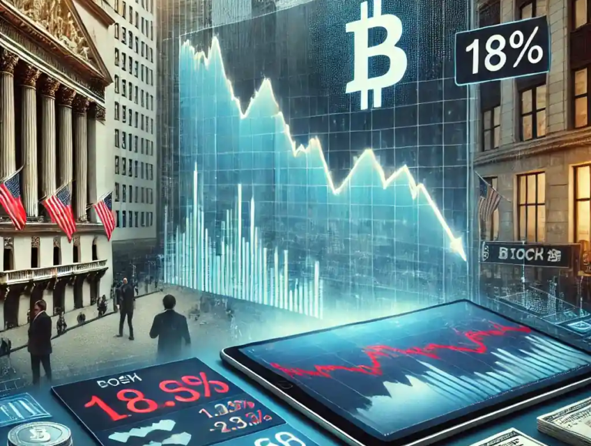 Illustration représentant la baisse de l'action Block Inc., avec un graphique financier en chute libre, Cash App et Bitcoin en arrière-plan, et des traders réagissant à Wall Street.