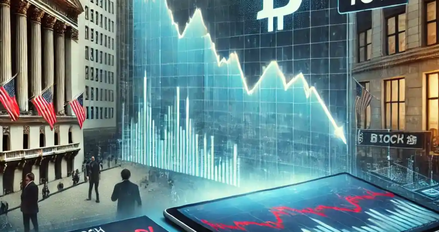 Illustration représentant la baisse de l'action Block Inc., avec un graphique financier en chute libre, Cash App et Bitcoin en arrière-plan, et des traders réagissant à Wall Street.