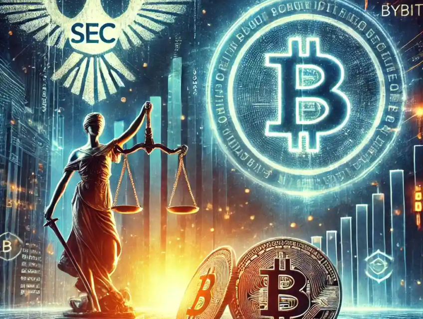 Illustration représentant Coinbase face à la SEC, avec un marché crypto en forte volatilité et un effet cyberattaque symbolisant le hack de Bybit.