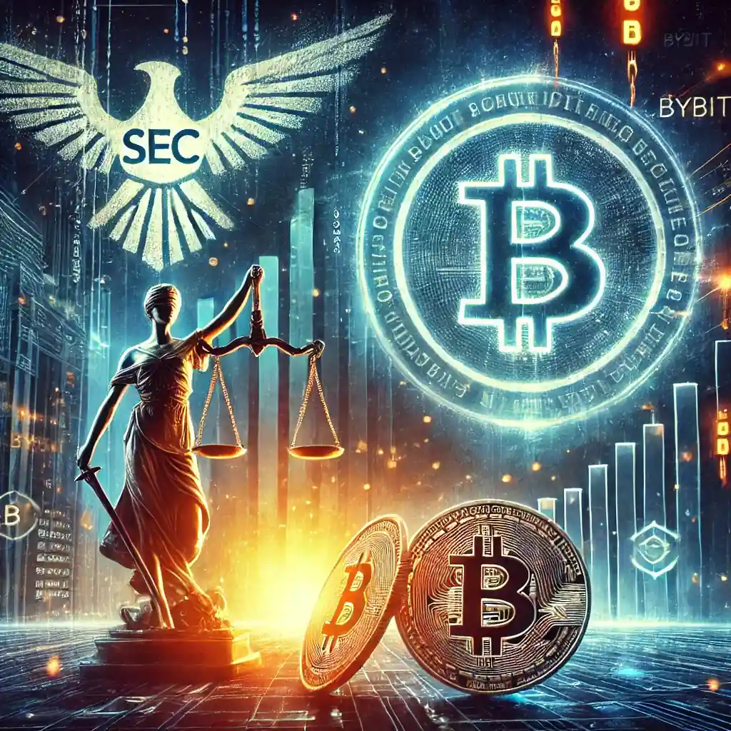 Illustration représentant Coinbase face à la SEC, avec un marché crypto en forte volatilité et un effet cyberattaque symbolisant le hack de Bybit.