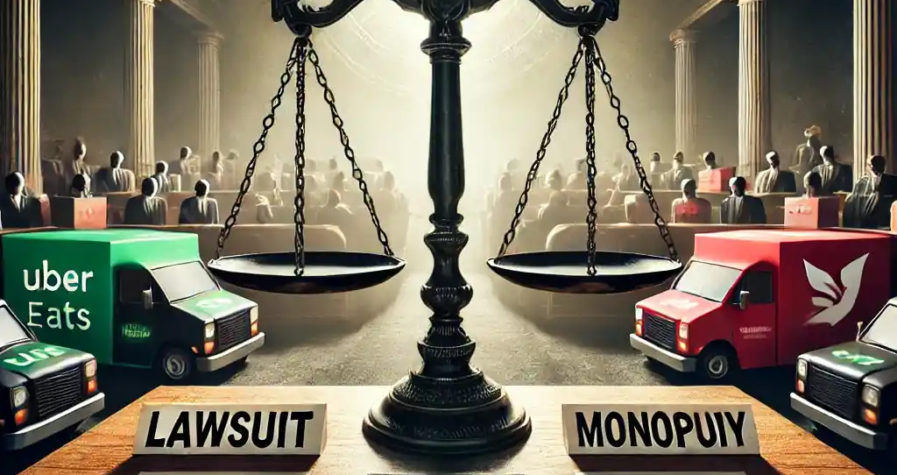 Illustration représentant la bataille juridique entre Uber et DoorDash, avec un tribunal en arrière-plan, une balance symbolisant la concurrence et des documents légaux évoquant les accusations de monopole.