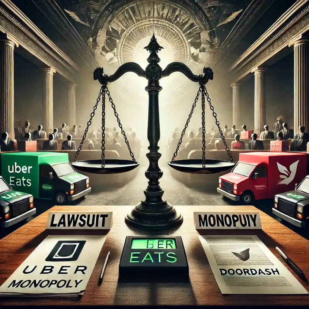 Illustration représentant la bataille juridique entre Uber et DoorDash, avec un tribunal en arrière-plan, une balance symbolisant la concurrence et des documents légaux évoquant les accusations de monopole.