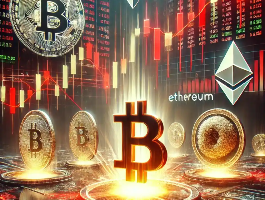 Illustration futuriste représentant la récente correction du marché des cryptomonnaies. Un Bitcoin lumineux descend sur un graphique boursier en chute, accompagné d’Ethereum et d’autres altcoins. Le fond affiche des tendances financières volatiles, soulignant l’incertitude des investisseurs.