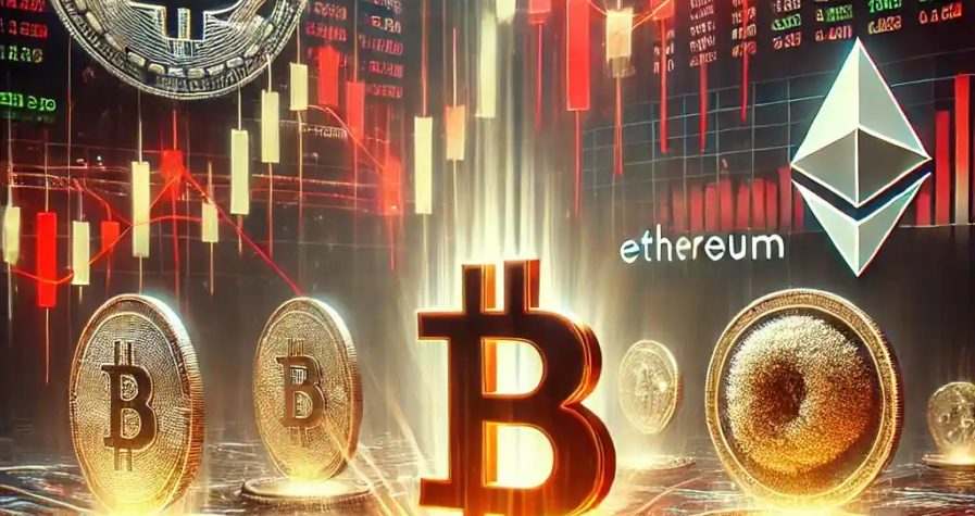 Illustration futuriste représentant la récente correction du marché des cryptomonnaies. Un Bitcoin lumineux descend sur un graphique boursier en chute, accompagné d’Ethereum et d’autres altcoins. Le fond affiche des tendances financières volatiles, soulignant l’incertitude des investisseurs.