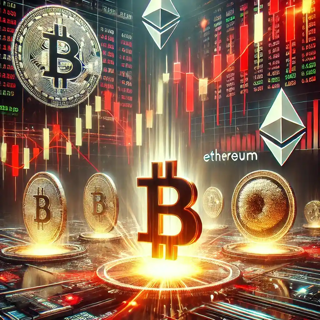 Illustration futuriste représentant la récente correction du marché des cryptomonnaies. Un Bitcoin lumineux descend sur un graphique boursier en chute, accompagné d’Ethereum et d’autres altcoins. Le fond affiche des tendances financières volatiles, soulignant l’incertitude des investisseurs.