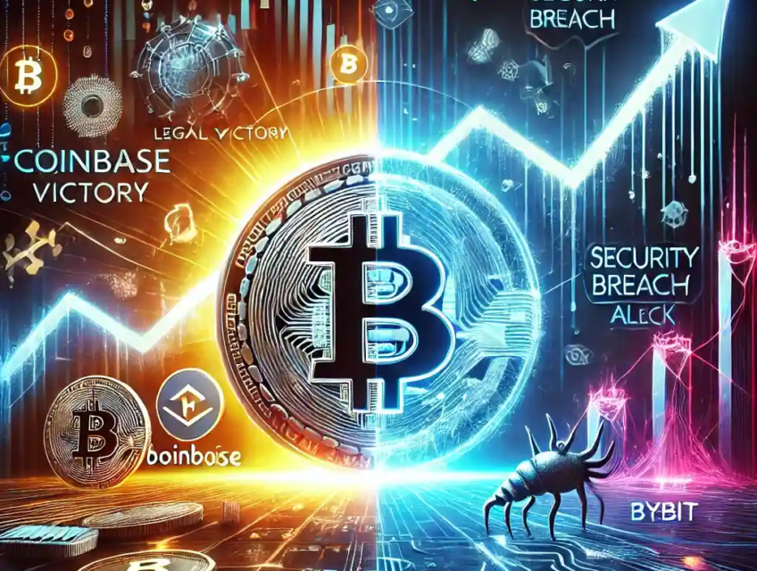 An illustration featuring a glowing Bitcoin symbol with a fluctuating financial graph, Coinbase’s legal victory, and Bybit’s security breach alert.