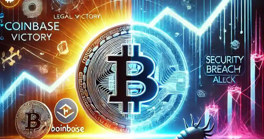 An illustration featuring a glowing Bitcoin symbol with a fluctuating financial graph, Coinbase’s legal victory, and Bybit’s security breach alert.