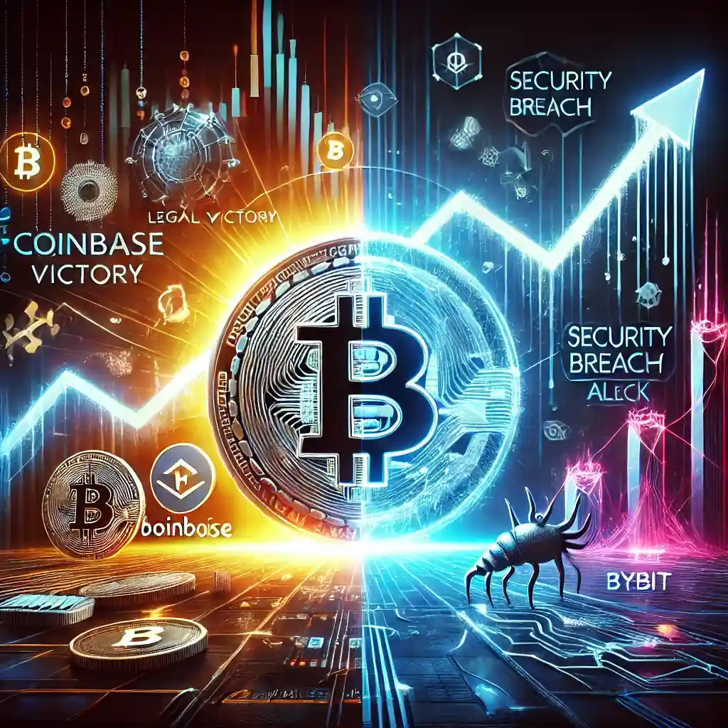 An illustration featuring a glowing Bitcoin symbol with a fluctuating financial graph, Coinbase’s legal victory, and Bybit’s security breach alert.