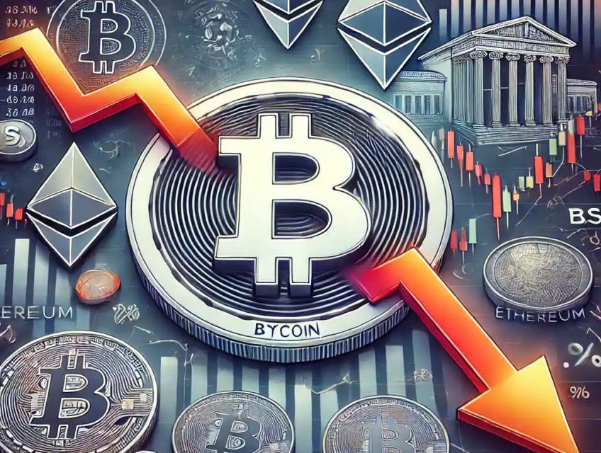 An illustration featuring a large Bitcoin symbol with a downward-trending stock chart, Ethereum tokens, Federal Reserve policy indicators, and tariff symbols.