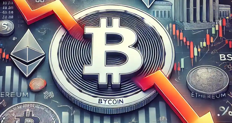 An illustration featuring a large Bitcoin symbol with a downward-trending stock chart, Ethereum tokens, Federal Reserve policy indicators, and tariff symbols.