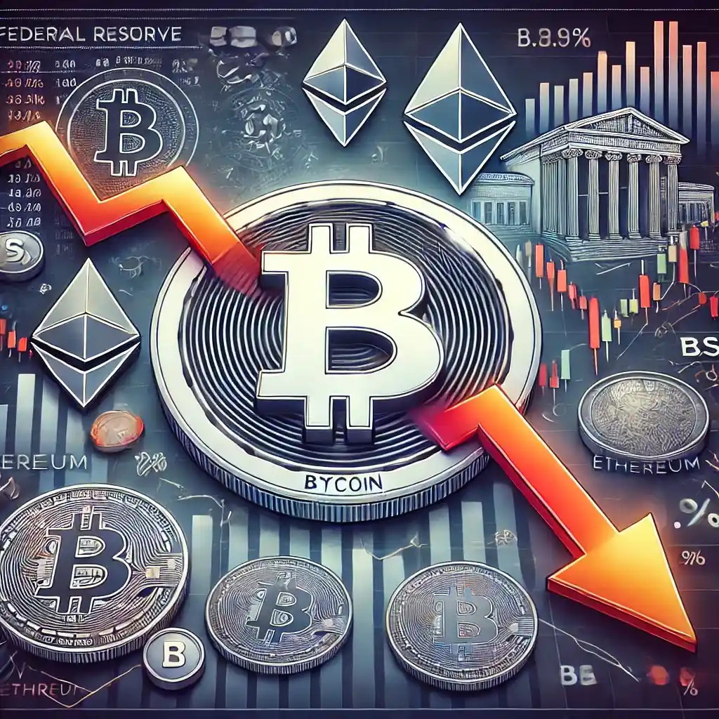 An illustration featuring a large Bitcoin symbol with a downward-trending stock chart, Ethereum tokens, Federal Reserve policy indicators, and tariff symbols.