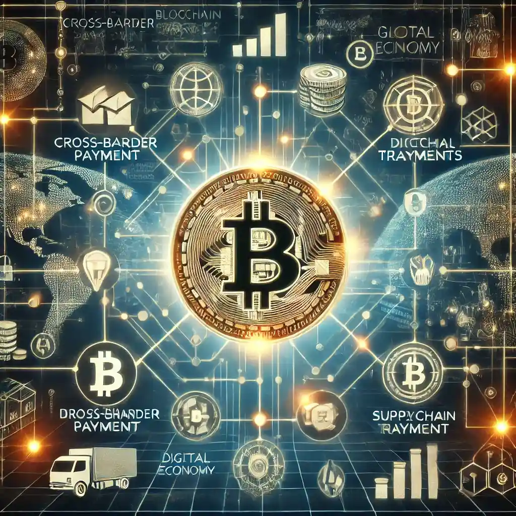 An illustration of a glowing Bitcoin symbol connected to digital wallets, blockchain nodes, financial transactions, and cross-border payment icons.