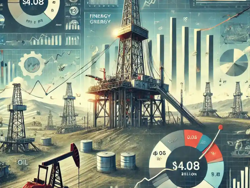 An illustration featuring an oil drilling rig, financial growth charts, shale oil fields, and energy sector graphs symbolizing Diamondback Energy’s expansion.