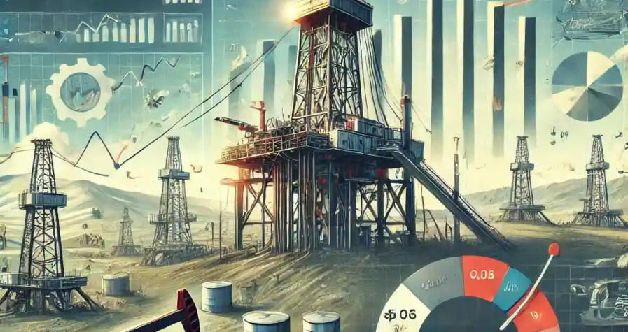 An illustration featuring an oil drilling rig, financial growth charts, shale oil fields, and energy sector graphs symbolizing Diamondback Energy’s expansion.