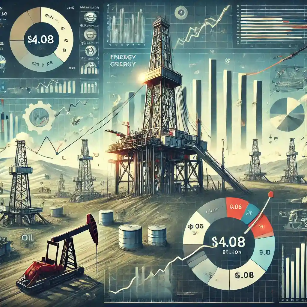 An illustration featuring an oil drilling rig, financial growth charts, shale oil fields, and energy sector graphs symbolizing Diamondback Energy’s expansion.