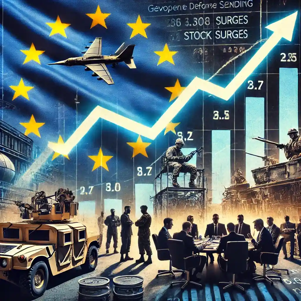 An illustration featuring the European Union flag with financial charts showing climbing bond yields, military equipment, and policymakers discussing defense spending