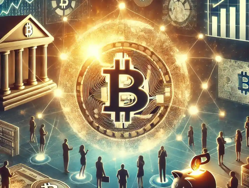 An illustration of a digital blockchain network with a glowing Bitcoin symbol, traditional banks with barriers, and individuals using crypto wallets.