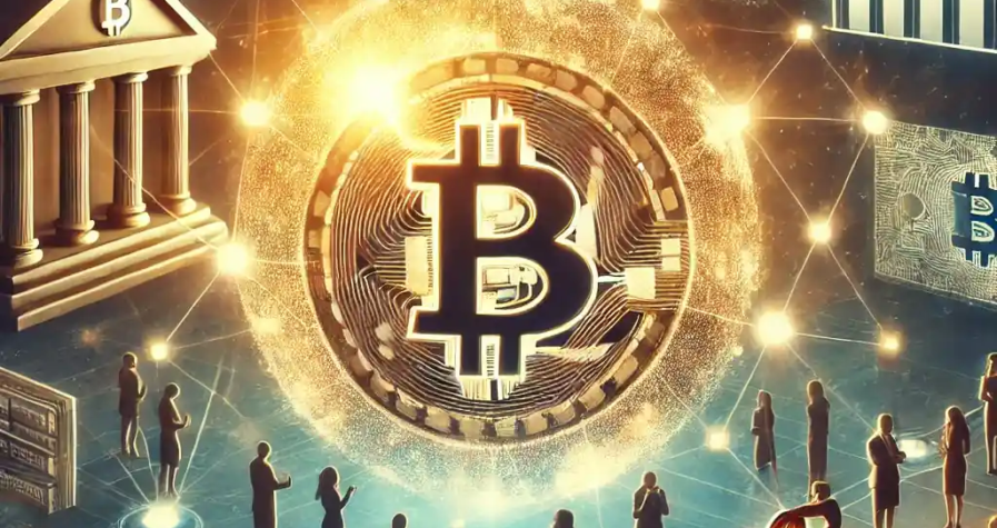 An illustration of a digital blockchain network with a glowing Bitcoin symbol, traditional banks with barriers, and individuals using crypto wallets.