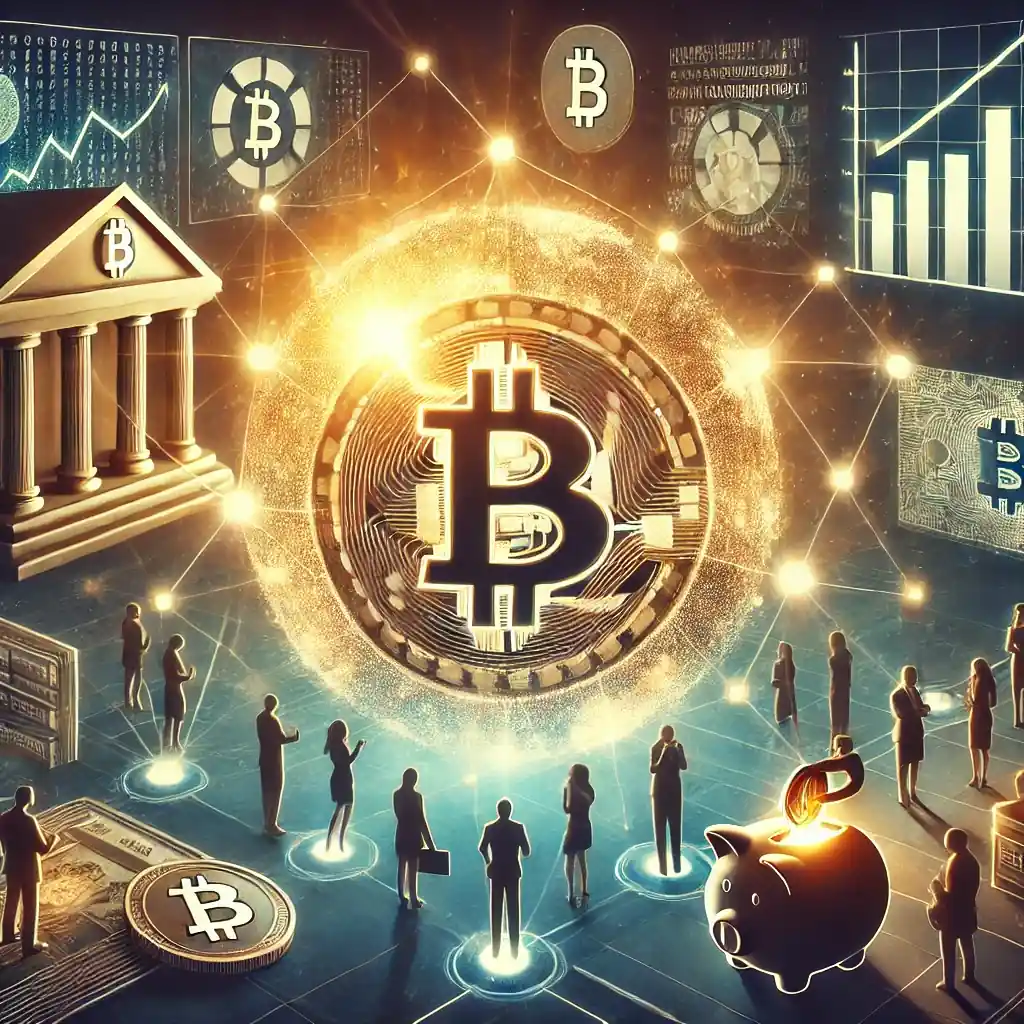 An illustration of a digital blockchain network with a glowing Bitcoin symbol, traditional banks with barriers, and individuals using crypto wallets.