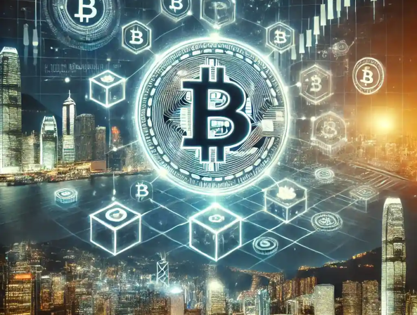 An illustration featuring a glowing Bitcoin symbol, digital stock market interface, Hong Kong skyline, financial charts, and blockchain nodes.