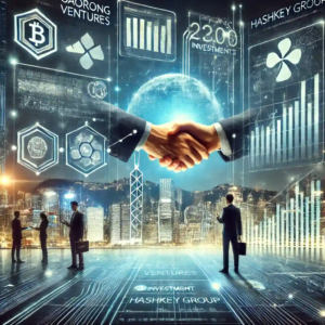 Illustration futuriste représentant l’investissement de Gaorong Ventures dans HashKey Group, avec des graphiques financiers numériques et la skyline de Hong Kong en arrière-plan.