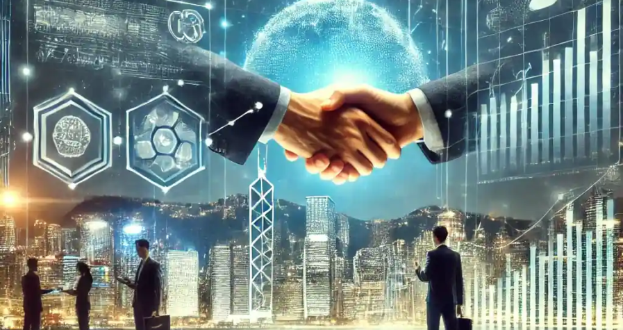 Illustration futuriste représentant l’investissement de Gaorong Ventures dans HashKey Group, avec des graphiques financiers numériques et la skyline de Hong Kong en arrière-plan.