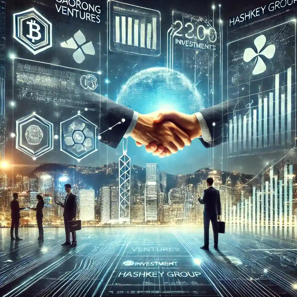 Illustration futuriste représentant l’investissement de Gaorong Ventures dans HashKey Group, avec des graphiques financiers numériques et la skyline de Hong Kong en arrière-plan.