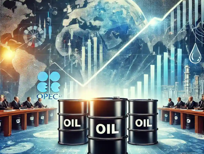 An illustration featuring oil barrels with a fluctuating price graph, an OPEC+ meeting, oil refineries, and global trade routes.