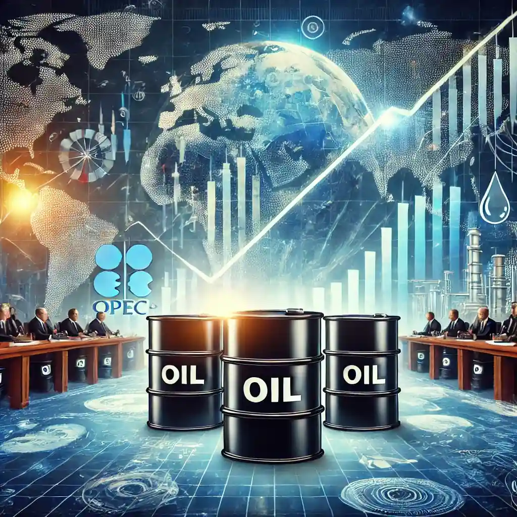 An illustration featuring oil barrels with a fluctuating price graph, an OPEC+ meeting, oil refineries, and global trade routes.