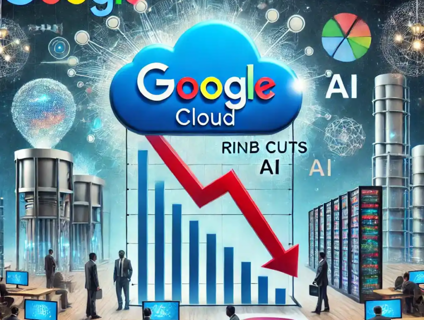 An illustration featuring the Google Cloud logo with a downward-trending employment chart, AI infrastructure, cloud data centers, and financial reports.
