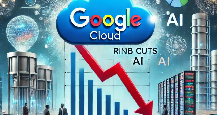 An illustration featuring the Google Cloud logo with a downward-trending employment chart, AI infrastructure, cloud data centers, and financial reports.