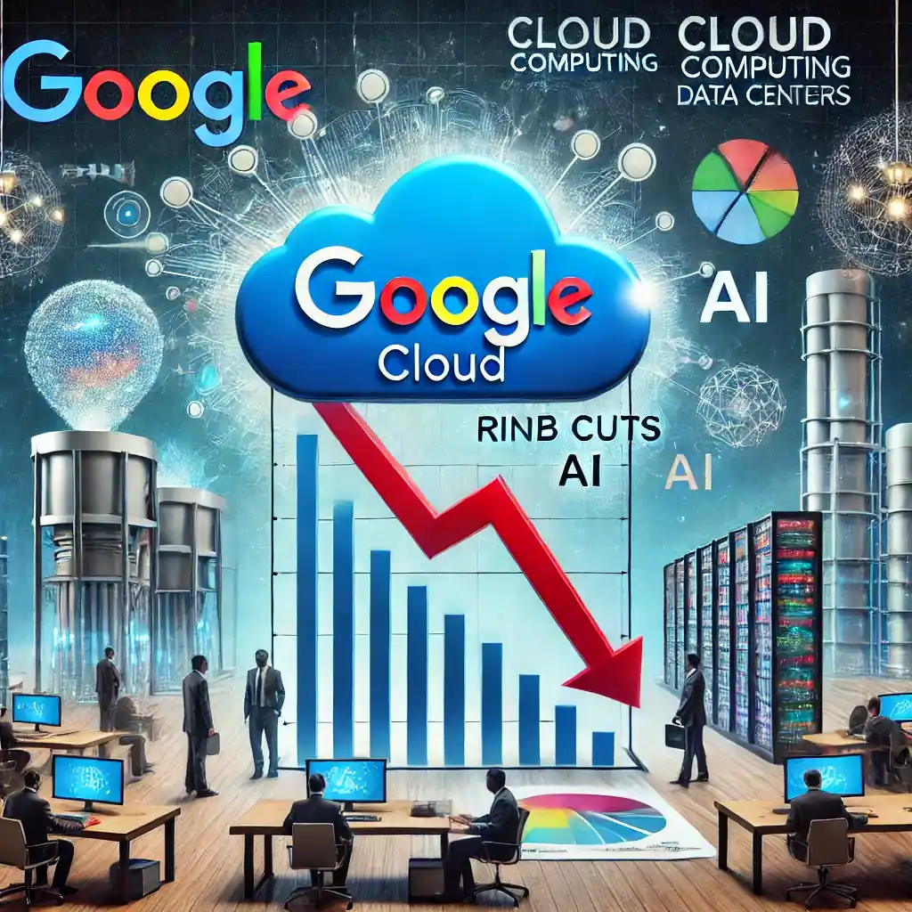 An illustration featuring the Google Cloud logo with a downward-trending employment chart, AI infrastructure, cloud data centers, and financial reports.