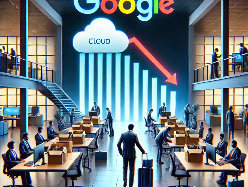 Illustration d’employés de Google quittant leur bureau après des licenciements dans la division cloud, avec un écran en arrière-plan affichant une baisse des performances.