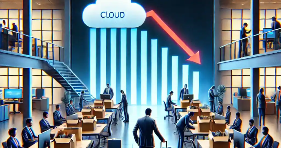 Illustration d’employés de Google quittant leur bureau après des licenciements dans la division cloud, avec un écran en arrière-plan affichant une baisse des performances.